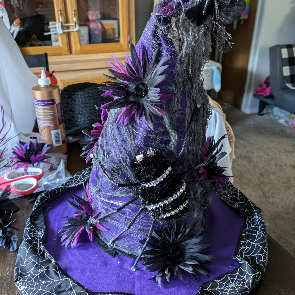 Purple Witch Hat with Spider and Flowers